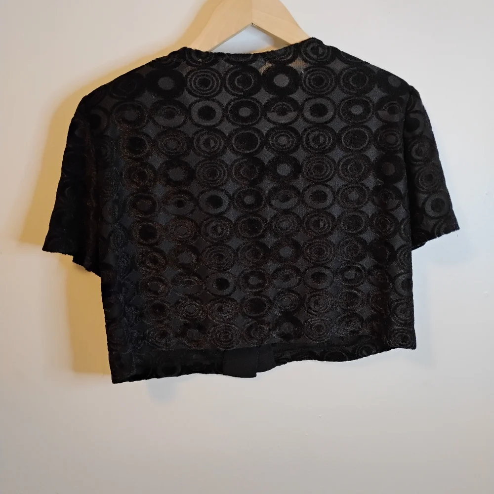 SHARADE Vintage 90s Blk Retro Goth Semi Sheer Velvety Crop Button Blouse Women L